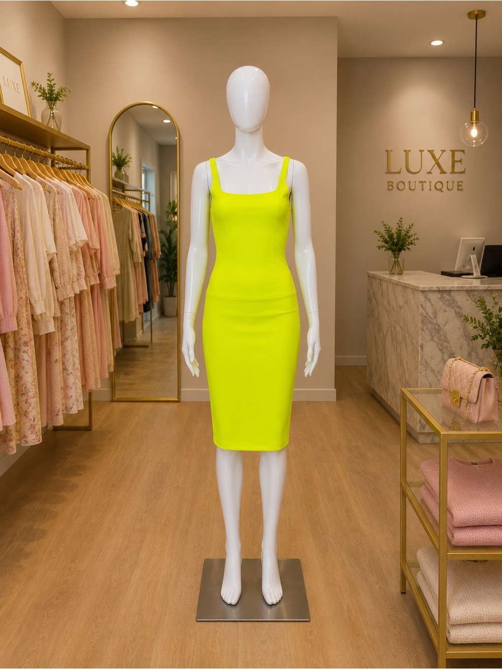 NWOT Zara Neon Yellow Square-Neck Bodycon Midi Dress - Picture 1 of 6
